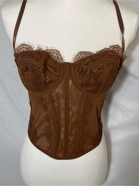 Milk Chocolate Brown Lace Bustier Corset Top Eyelash Lace Hook Eye Back